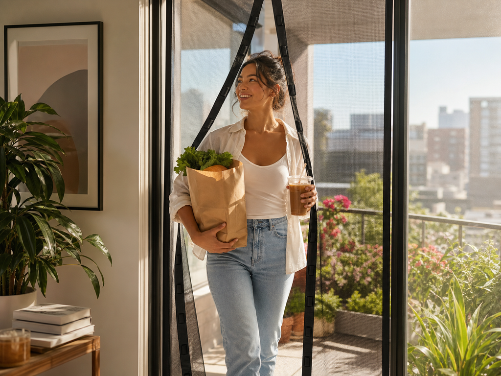 Renter using a no-drill magnetic patio screen on an apartment balcony